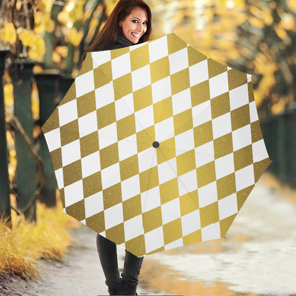 White And Gold Harlequin Pattern Print Foldable Umbrella