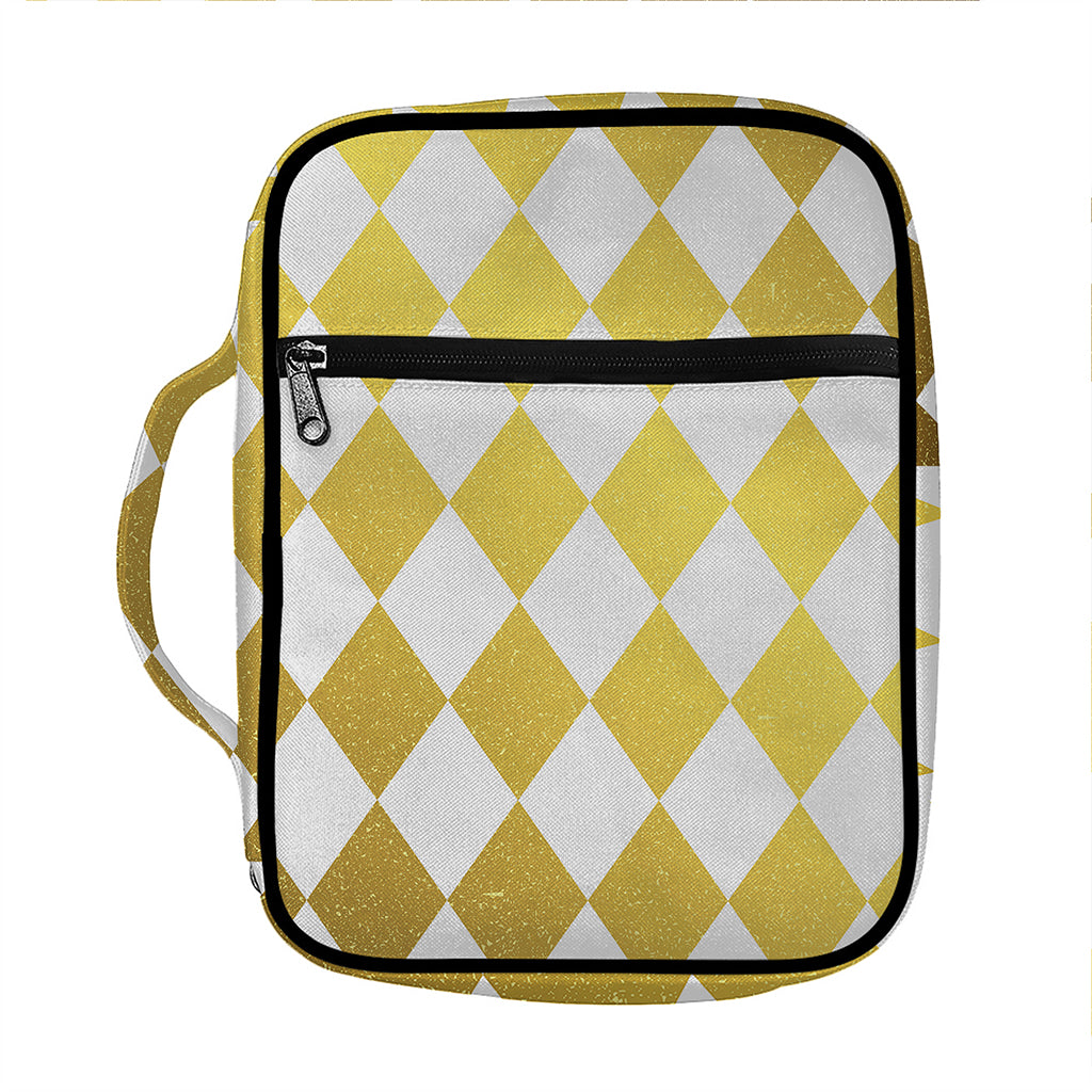 White And Gold Harlequin Pattern Print Front Pocket Bible Bag
