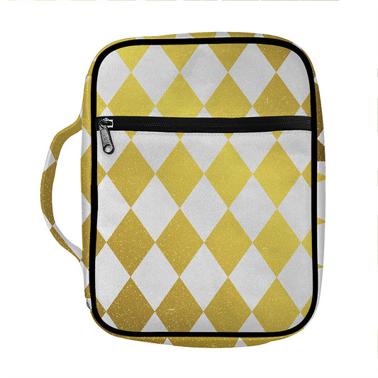 White And Gold Harlequin Pattern Print Front Pocket Bible Bag