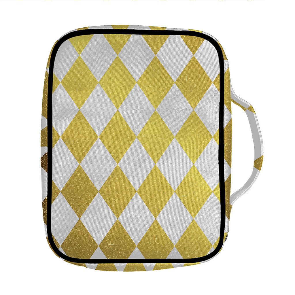 White And Gold Harlequin Pattern Print Front Pocket Bible Bag