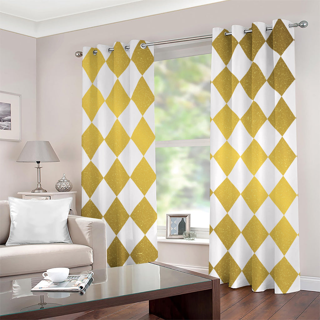 White And Gold Harlequin Pattern Print Grommet Curtains