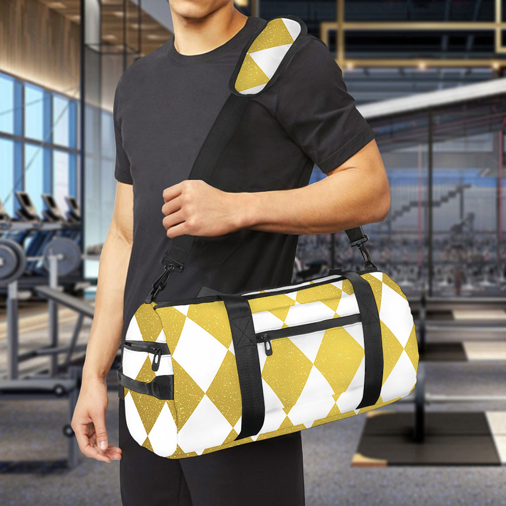 White And Gold Harlequin Pattern Print Gym Bag