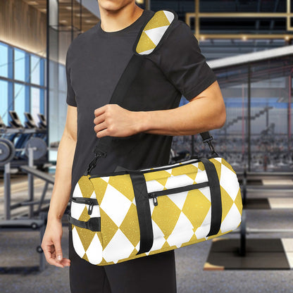 White And Gold Harlequin Pattern Print Gym Bag