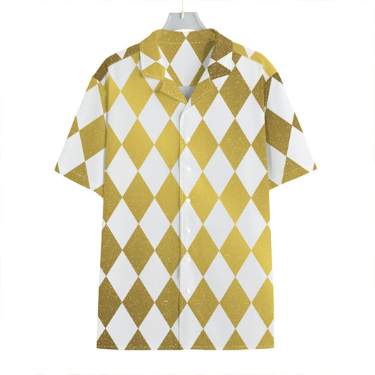 White And Gold Harlequin Pattern Print Hawaiian Shirt