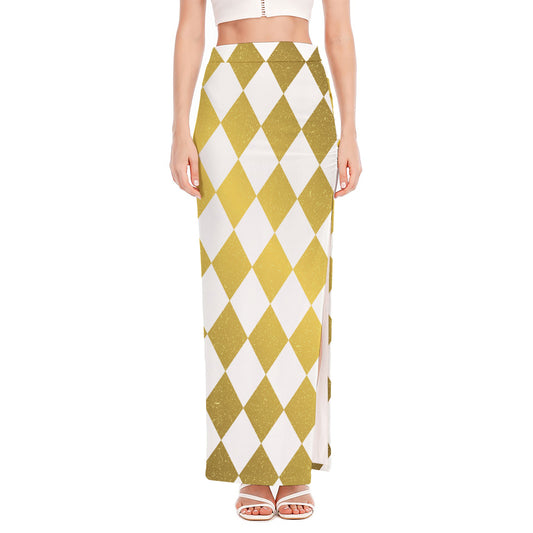 White And Gold Harlequin Pattern Print High Slit Maxi Skirt