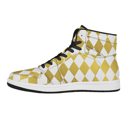 White And Gold Harlequin Pattern Print High Top Leather Sneakers