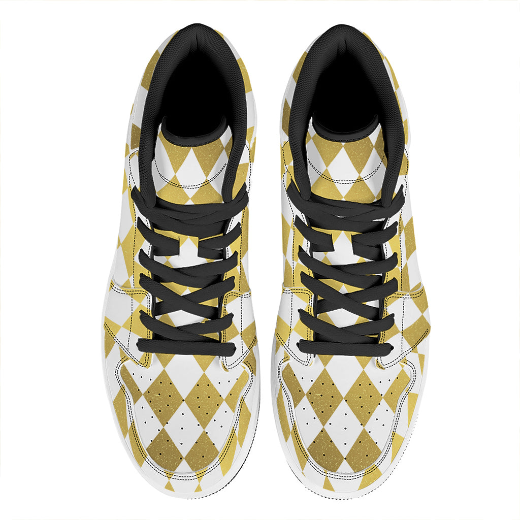White And Gold Harlequin Pattern Print High Top Leather Sneakers