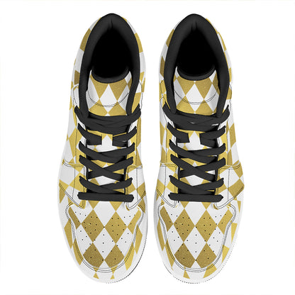 White And Gold Harlequin Pattern Print High Top Leather Sneakers