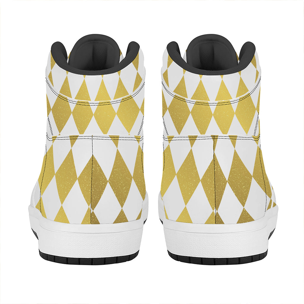 White And Gold Harlequin Pattern Print High Top Leather Sneakers