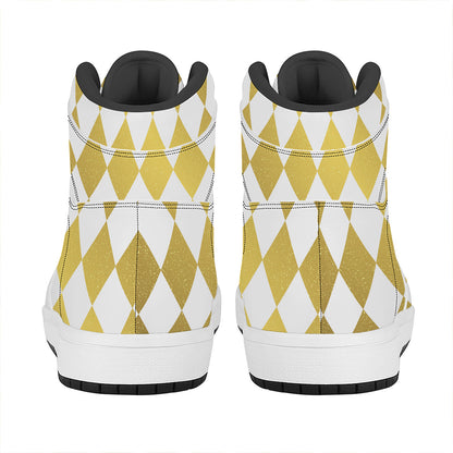 White And Gold Harlequin Pattern Print High Top Leather Sneakers