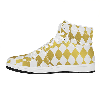 White And Gold Harlequin Pattern Print High Top Leather Sneakers