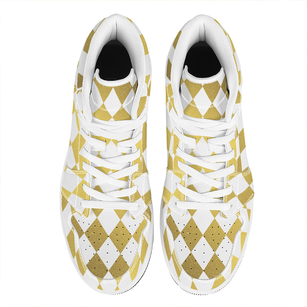 White And Gold Harlequin Pattern Print High Top Leather Sneakers