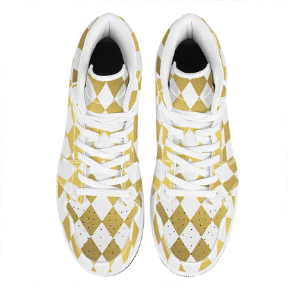 White And Gold Harlequin Pattern Print High Top Leather Sneakers