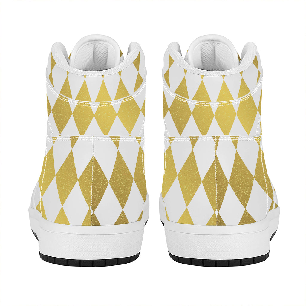 White And Gold Harlequin Pattern Print High Top Leather Sneakers