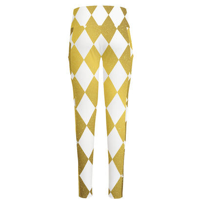 White And Gold Harlequin Pattern Print High-Waisted Pocket Leggings