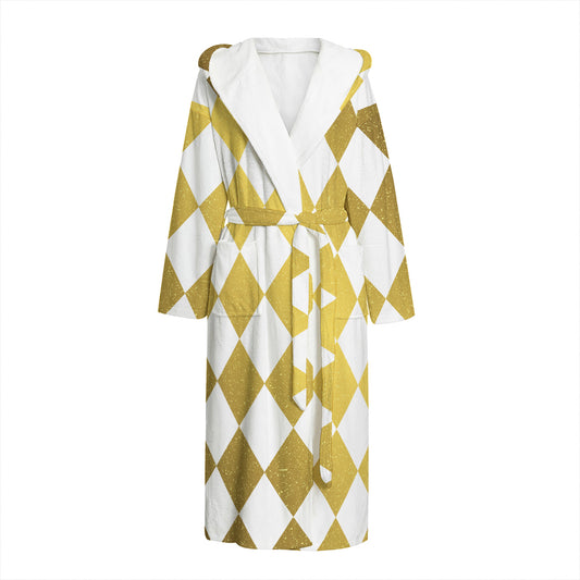 White And Gold Harlequin Pattern Print Hooded Bathrobe