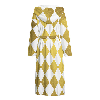 White And Gold Harlequin Pattern Print Hooded Bathrobe
