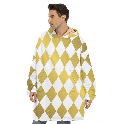 White And Gold Harlequin Pattern Print Hoodie Blanket
