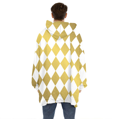 White And Gold Harlequin Pattern Print Hoodie Blanket
