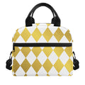 White And Gold Harlequin Pattern Print Insulated Lunch Bag