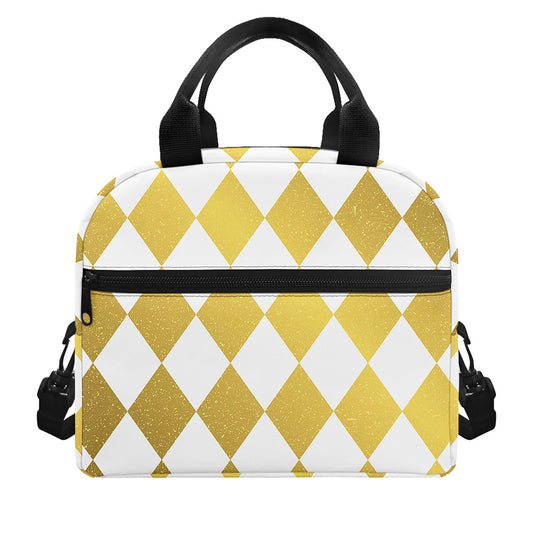 White And Gold Harlequin Pattern Print Insulated Lunch Bag