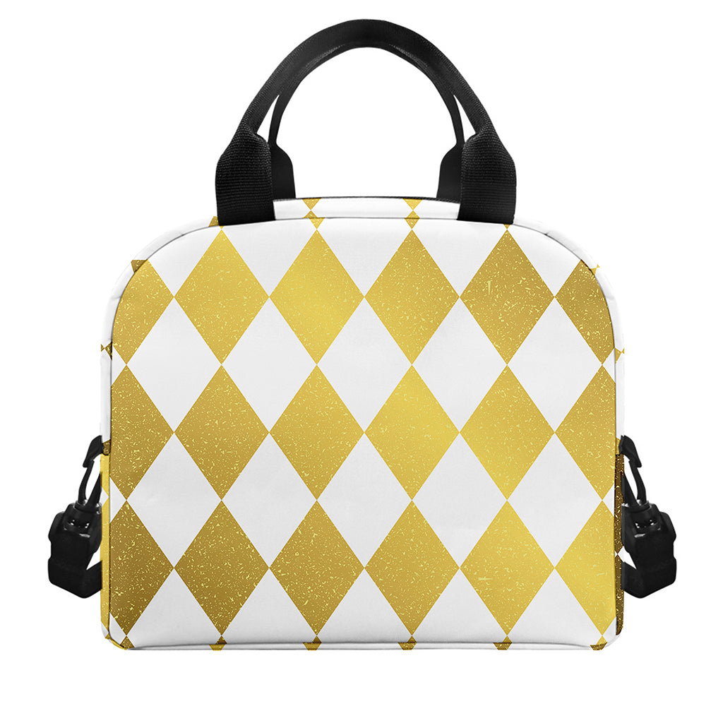 White And Gold Harlequin Pattern Print Insulated Lunch Bag
