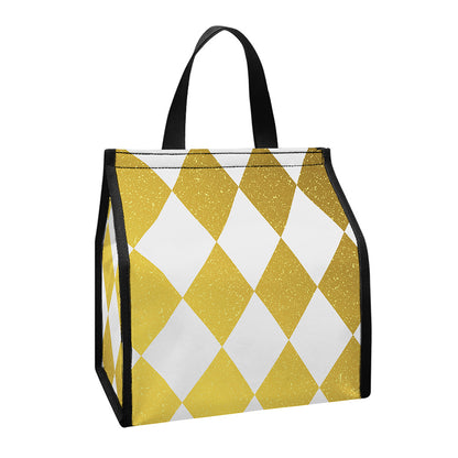 White And Gold Harlequin Pattern Print Insulated Lunch Tote