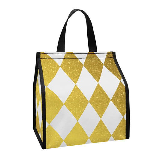 White And Gold Harlequin Pattern Print Insulated Lunch Tote