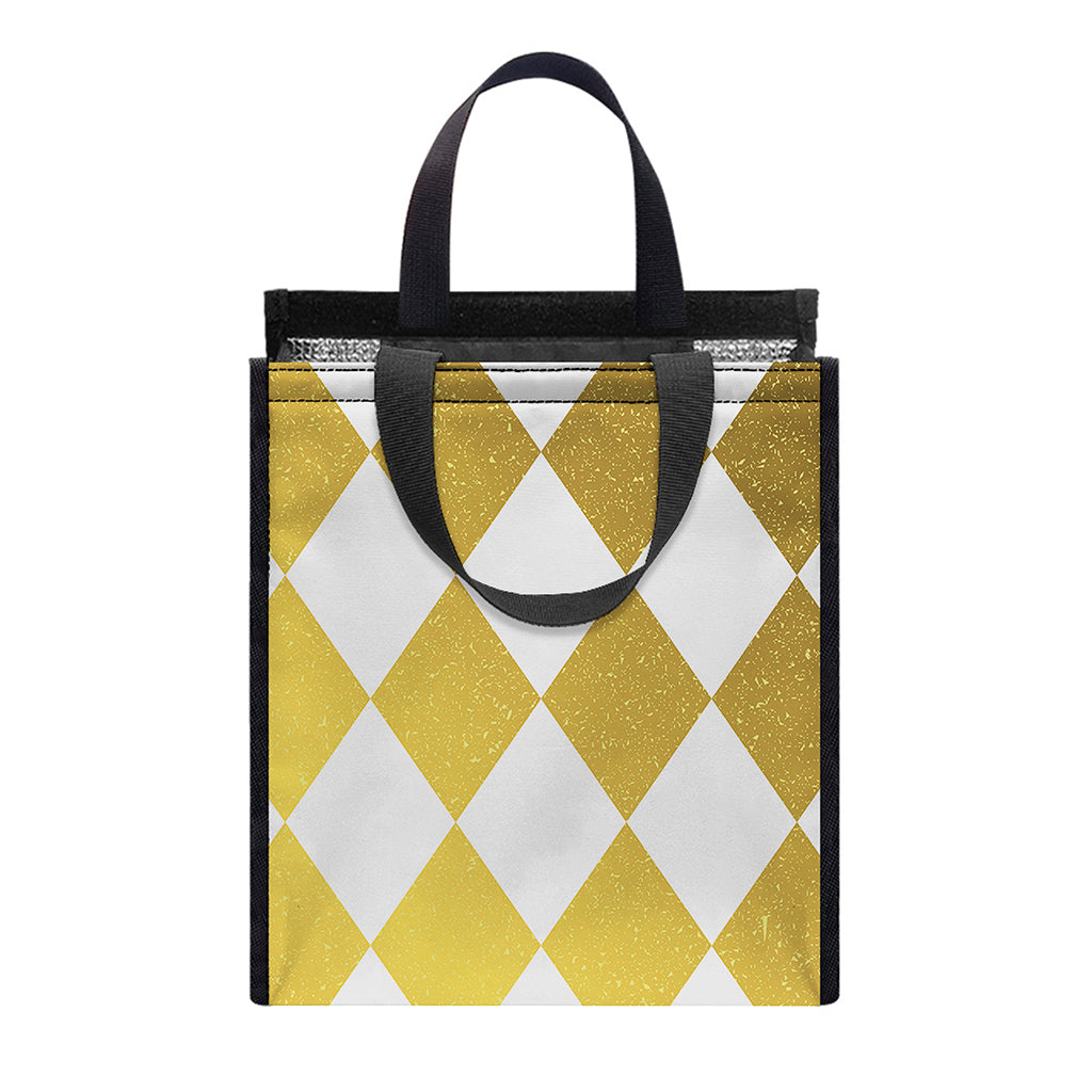 White And Gold Harlequin Pattern Print Insulated Lunch Tote