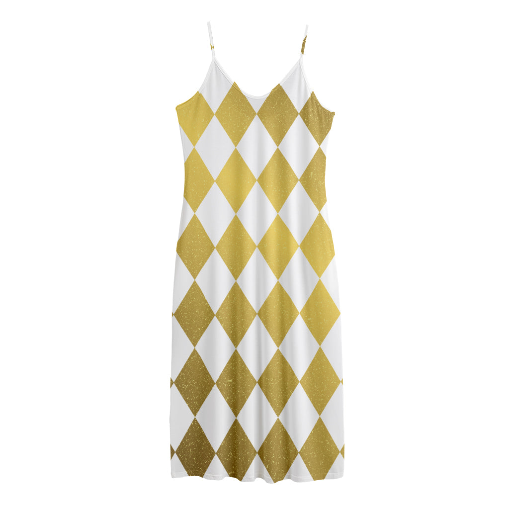 White And Gold Harlequin Pattern Print Jersey Midi Cami Dress
