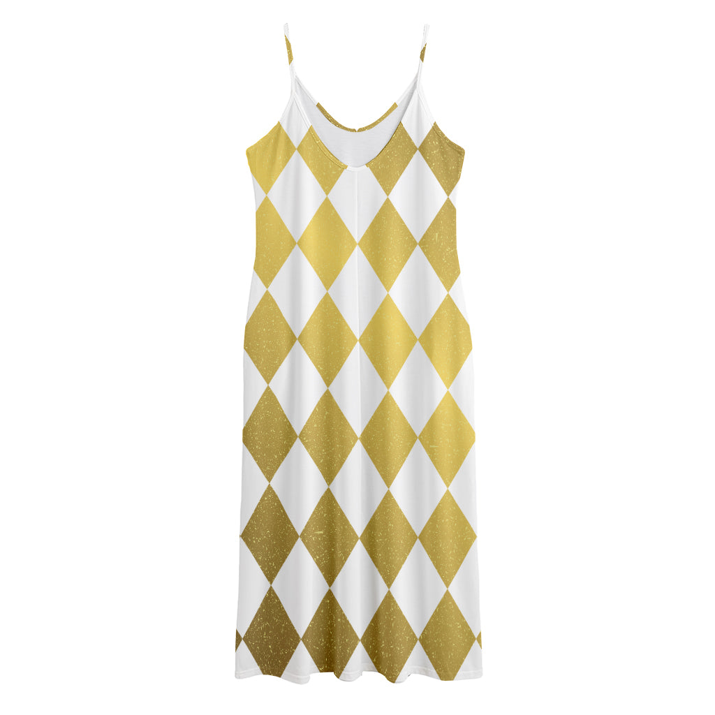White And Gold Harlequin Pattern Print Jersey Midi Cami Dress
