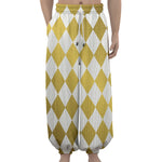 White And Gold Harlequin Pattern Print Lantern Pants
