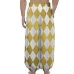 White And Gold Harlequin Pattern Print Lantern Pants