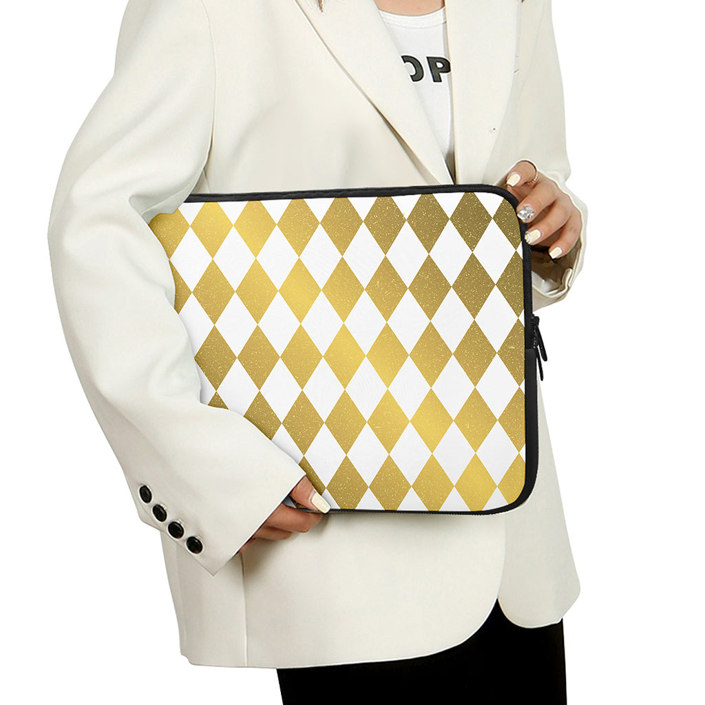 White And Gold Harlequin Pattern Print Laptop Sleeve