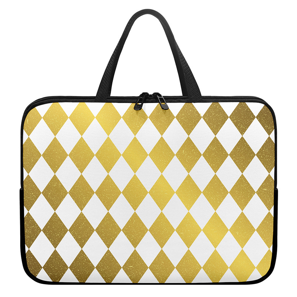 White And Gold Harlequin Pattern Print Laptop Sleeve With Handle