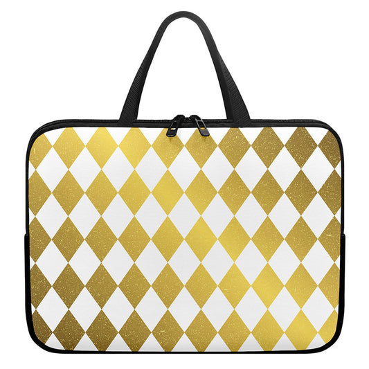 White And Gold Harlequin Pattern Print Laptop Sleeve With Handle