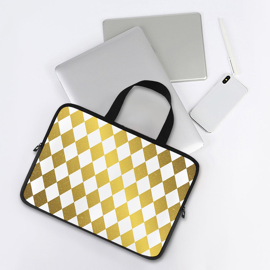 White And Gold Harlequin Pattern Print Laptop Sleeve With Handle