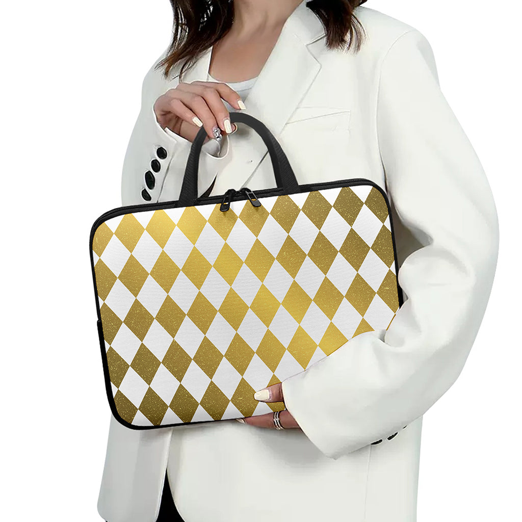 White And Gold Harlequin Pattern Print Laptop Sleeve With Handle