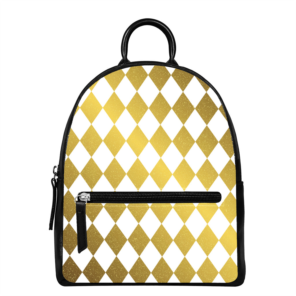White And Gold Harlequin Pattern Print Leather Backpack