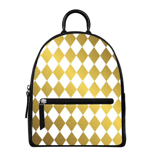 White And Gold Harlequin Pattern Print Leather Backpack