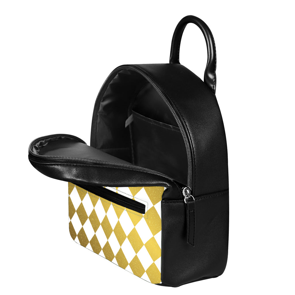 White And Gold Harlequin Pattern Print Leather Backpack