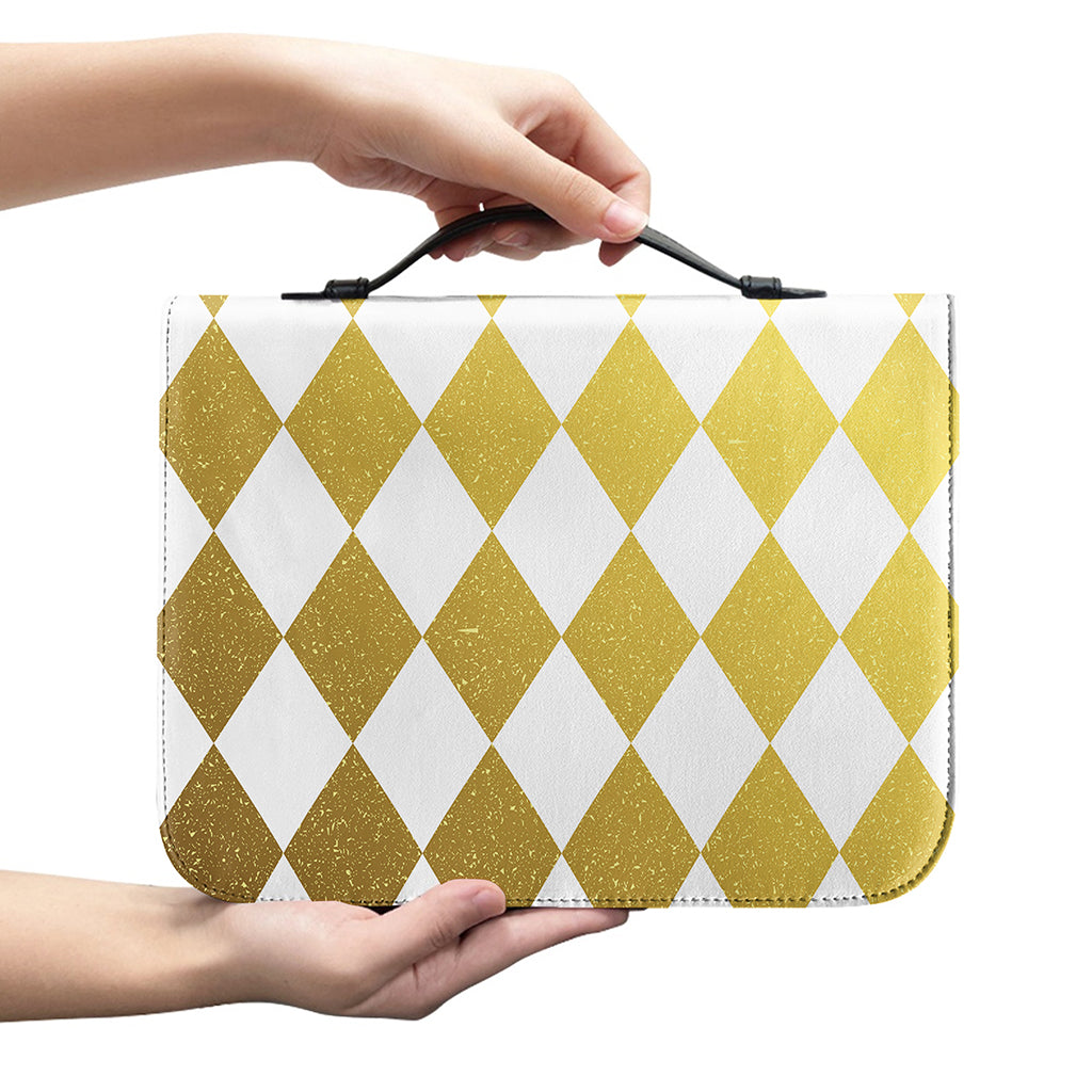 White And Gold Harlequin Pattern Print Leather Bible Cover