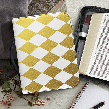 White And Gold Harlequin Pattern Print Leather Bible Cover