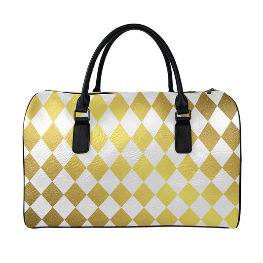 White And Gold Harlequin Pattern Print Leather Duffle Bag