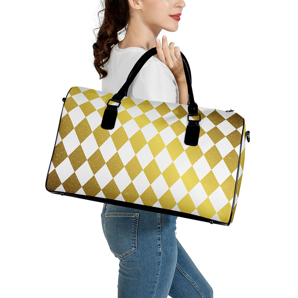 White And Gold Harlequin Pattern Print Leather Duffle Bag
