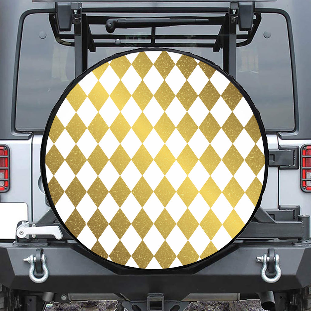 White And Gold Harlequin Pattern Print Leather Spare Tire Cover