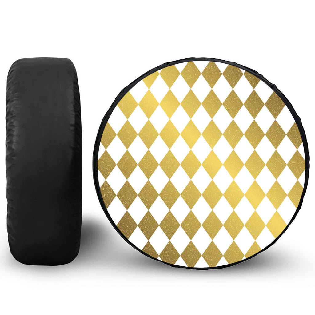 White And Gold Harlequin Pattern Print Leather Spare Tire Cover