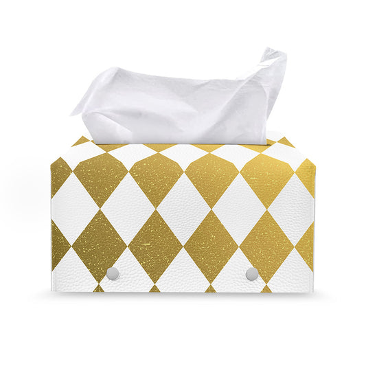 White And Gold Harlequin Pattern Print Leather Tissue Box Cover