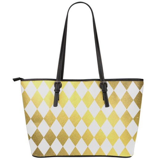White And Gold Harlequin Pattern Print Leather Tote Bag