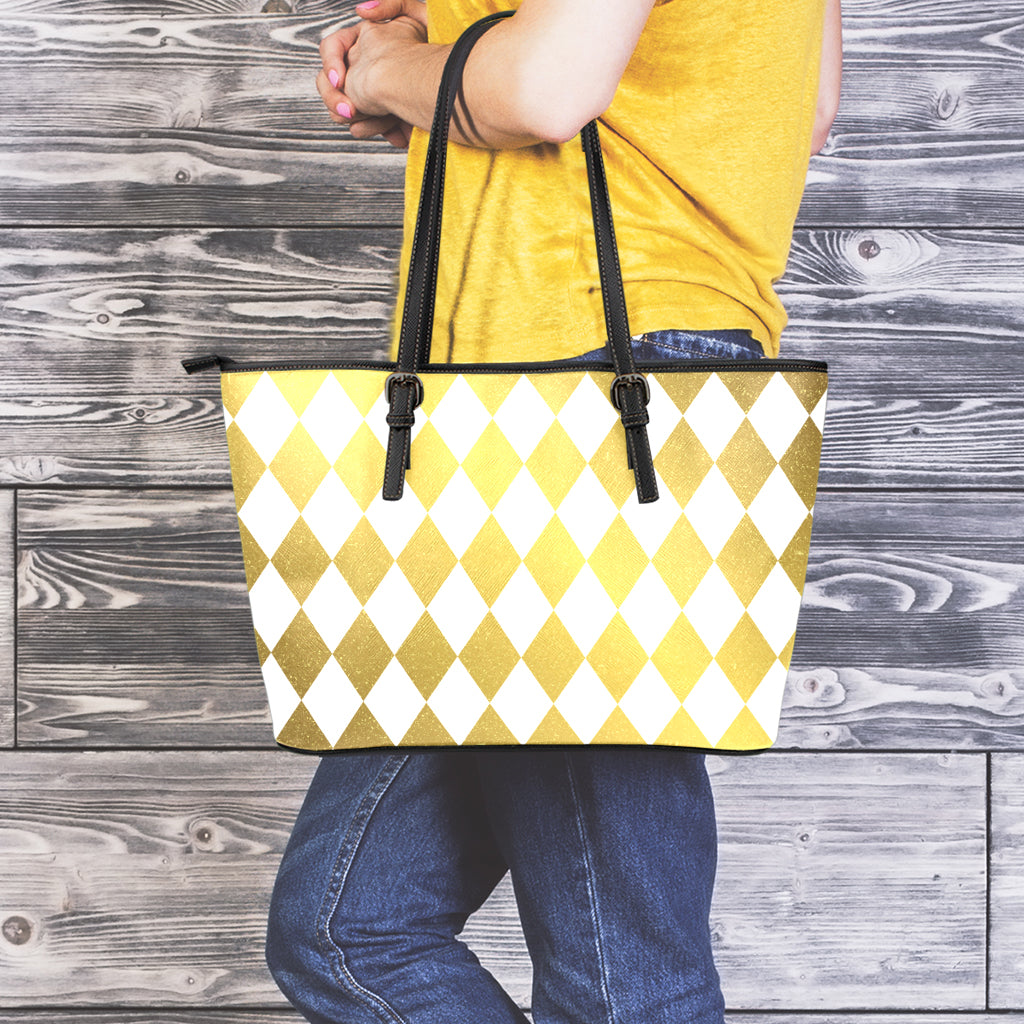 White And Gold Harlequin Pattern Print Leather Tote Bag